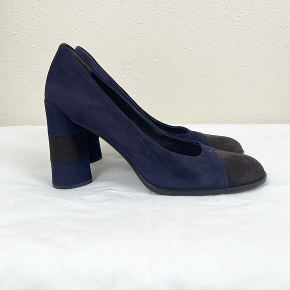 Prada Suede Colorblock Block Heels Womens Size 37.5 US 7.5 Purple Brown - Picture 2 of 7